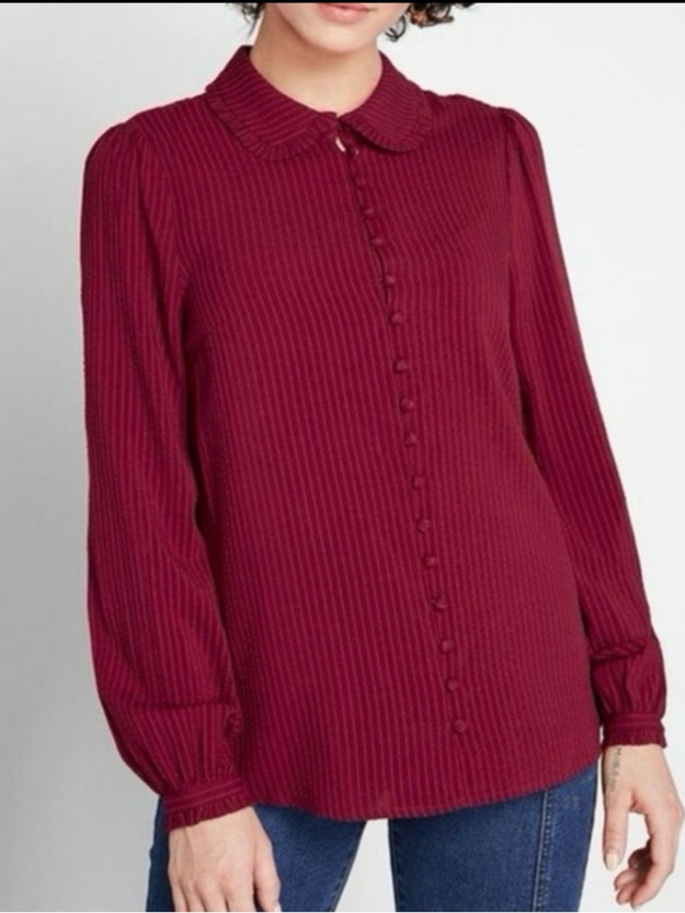 New ModCloth Thoroughly Ladylike Rounded Ruffled Collar Button Down Blouse Large